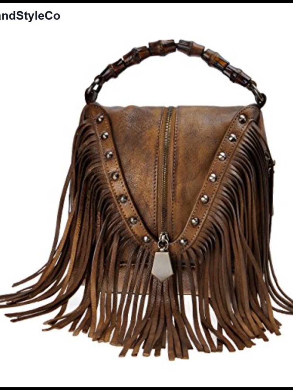Women's Leather Fringe Crossbody Bag Boho Bamboo Handle Studded Handbag